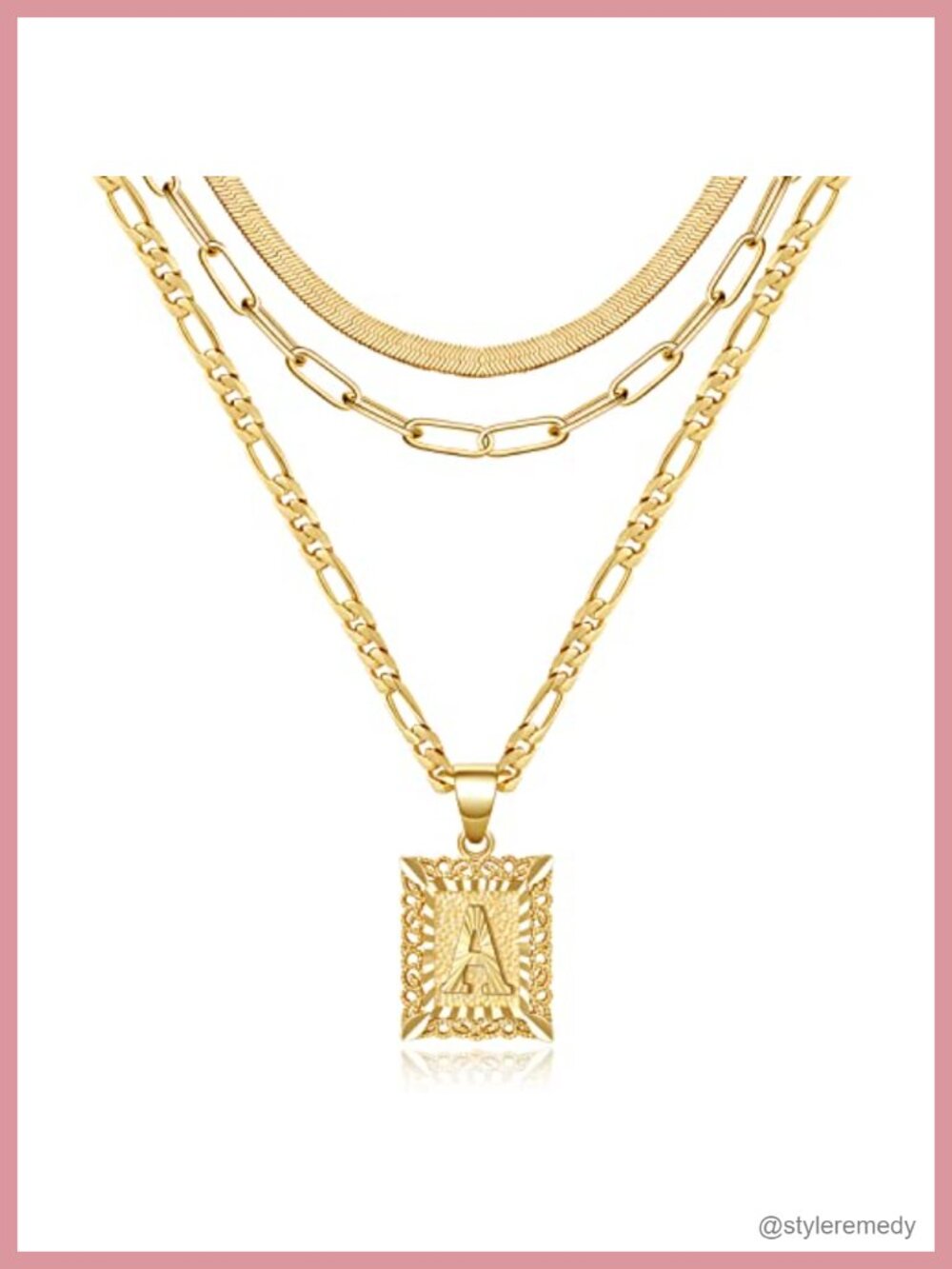 14K Gold Plated Initial Letter Pendant Necklace Set - Layered Choker Figaro